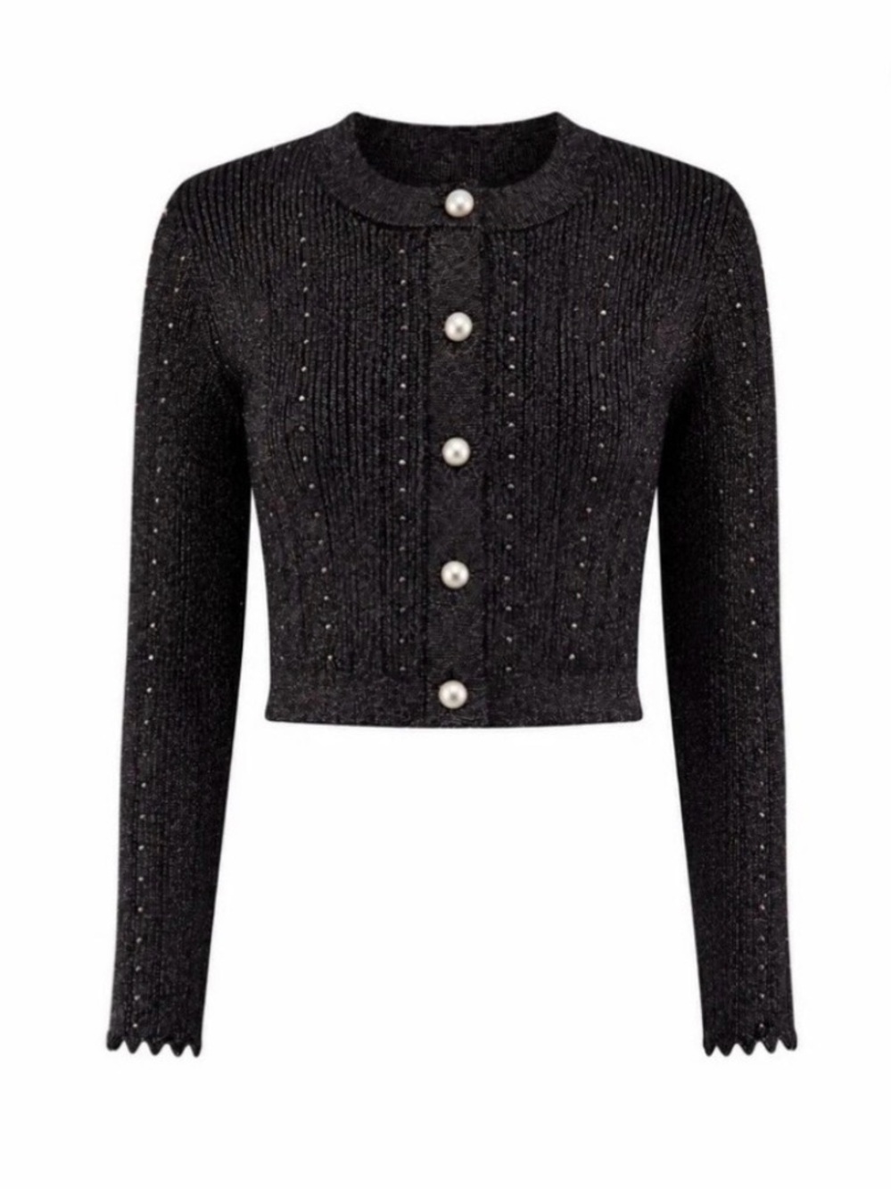 Aleeza Paris Cropped Black Pearl-Button Cardigan